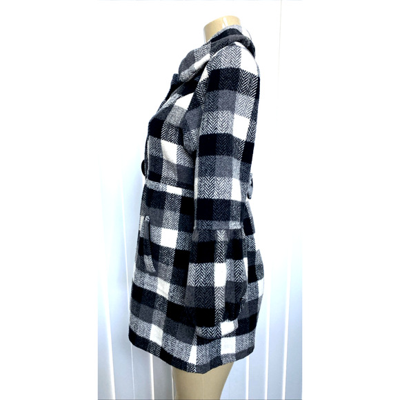 Agnes B Pea Coat Plaid Black White Jacket Puff Sleeve Snap Slip Pockets … - Picture 4 of 7